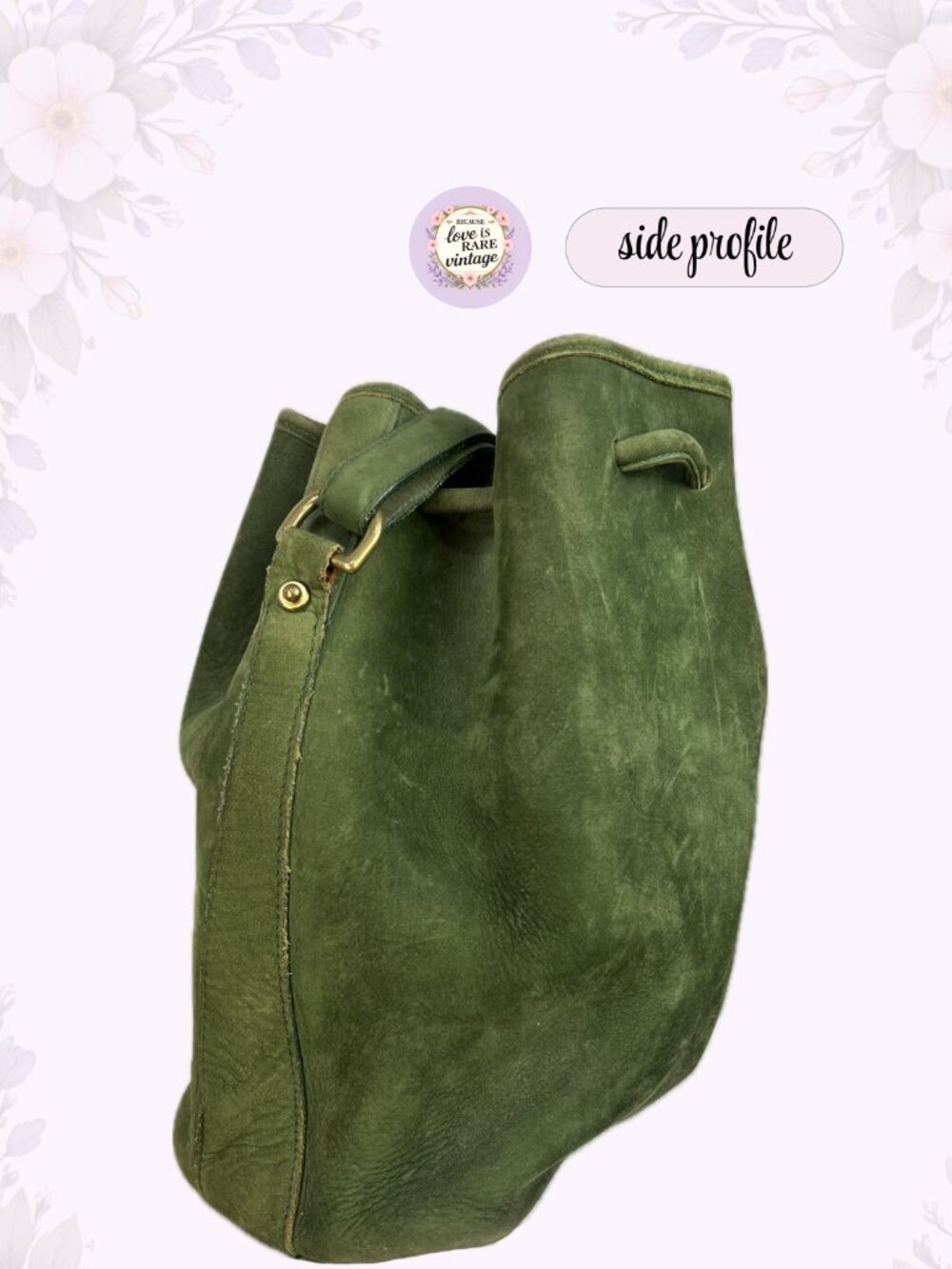 Vintage Dooney & Bourke Leather Bucket Bag • 1990s Green Suede Drawstring Purse - Picture 8 of 15